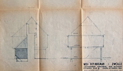 <p>Ontwerp van architect Th. G. Verlaan uit 1965 voor de nieuwbouw van de firma wed. H.J. Huisman, doorsnede (archief RCE). </p>
